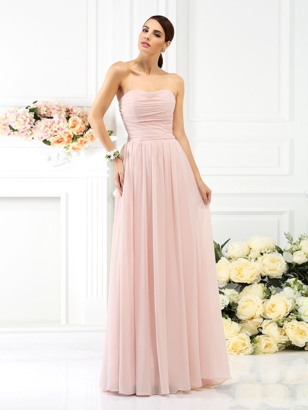 A-Line/Princess Strapless Pleats Sleeveless Long Chiffon Bridesmaid Dresses 2575