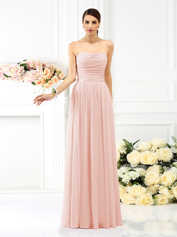 A-Line/Princess Strapless Pleats Sleeveless Long Chiffon Bridesmaid Dresses 2575