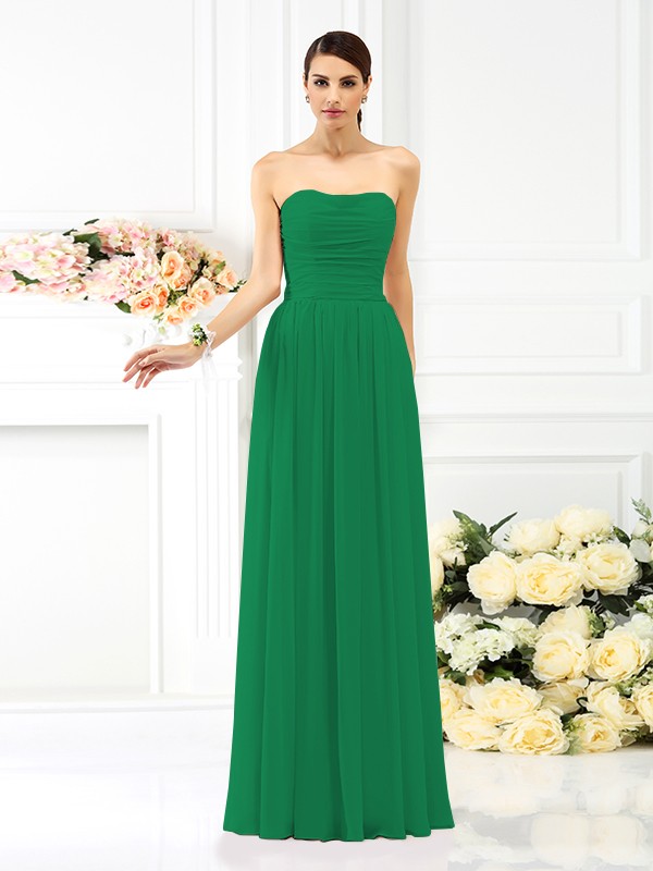 A-Line/Princess Strapless Pleats Sleeveless Long Chiffon Bridesmaid Dresses 2575