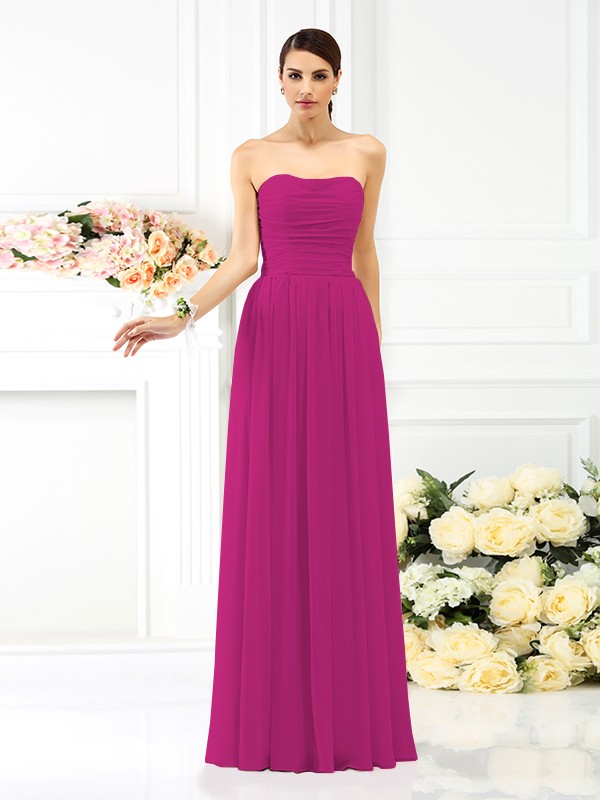 A-Line/Princess Strapless Pleats Sleeveless Long Chiffon Bridesmaid Dresses 2575