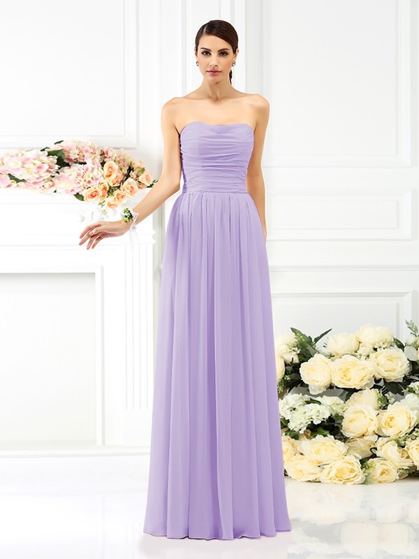 A-Line/Princess Strapless Pleats Sleeveless Long Chiffon Bridesmaid Dresses 2575