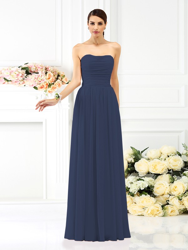 A-Line/Princess Strapless Pleats Sleeveless Long Chiffon Bridesmaid Dresses 2575