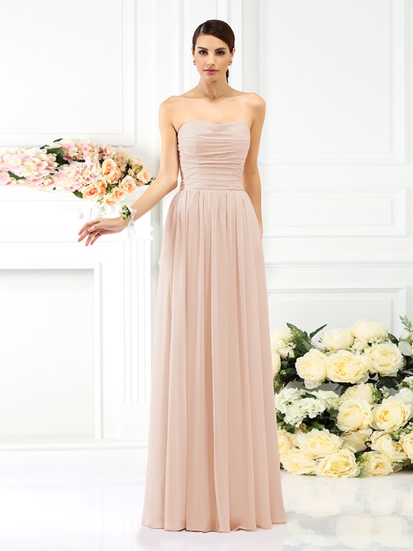 A-Line/Princess Strapless Pleats Sleeveless Long Chiffon Bridesmaid Dresses 2575