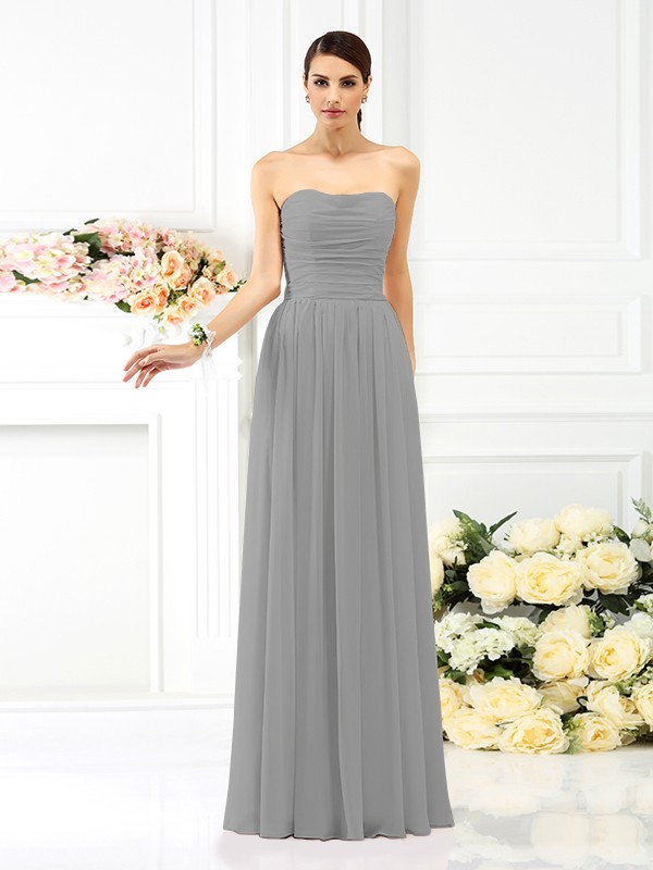 A-Line/Princess Strapless Pleats Sleeveless Long Chiffon Bridesmaid Dresses 2575