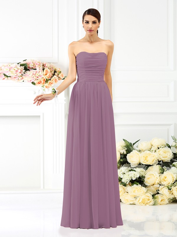 A-Line/Princess Strapless Pleats Sleeveless Long Chiffon Bridesmaid Dresses 2575