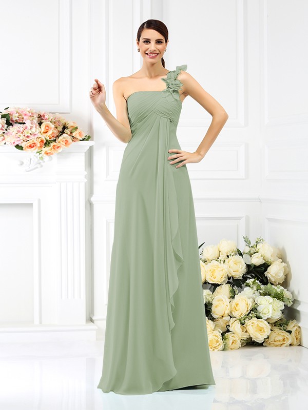 A-Line/Princess One-Shoulder Pleats Sleeveless Long Chiffon Bridesmaid Dresses 2383