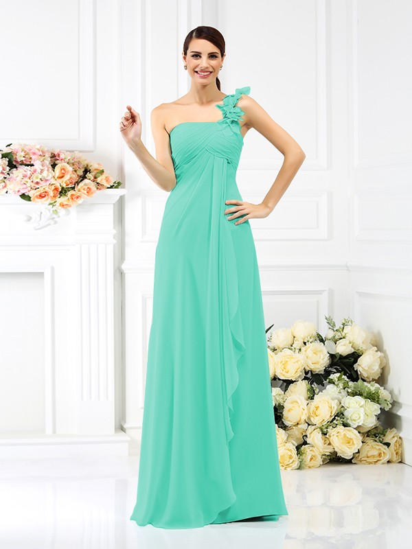 A-Line/Princess One-Shoulder Pleats Sleeveless Long Chiffon Bridesmaid Dresses 2383