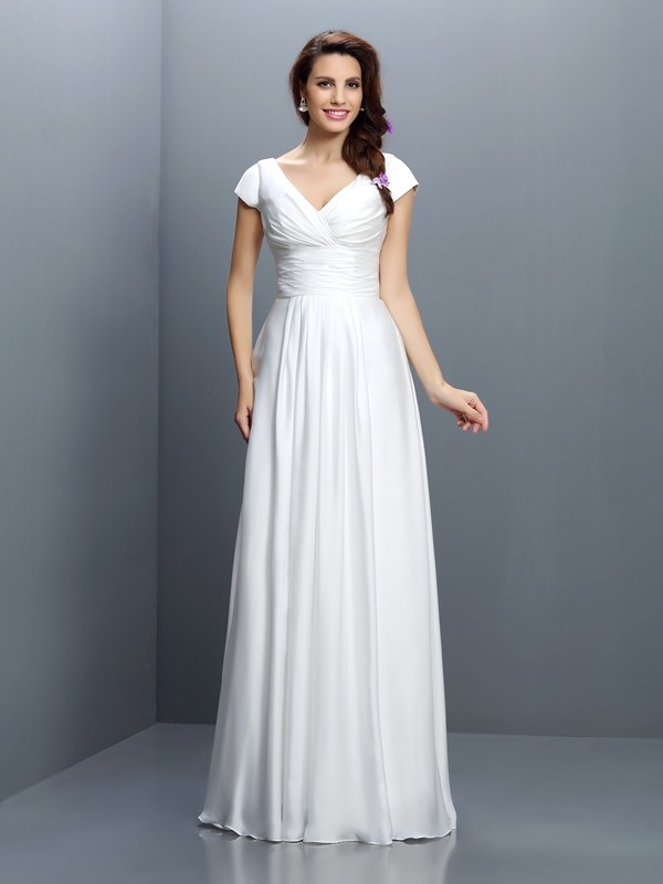 A-Line/Princess V-neck Pleats Short Sleeves Long Chiffon Bridesmaid Dresses 2800