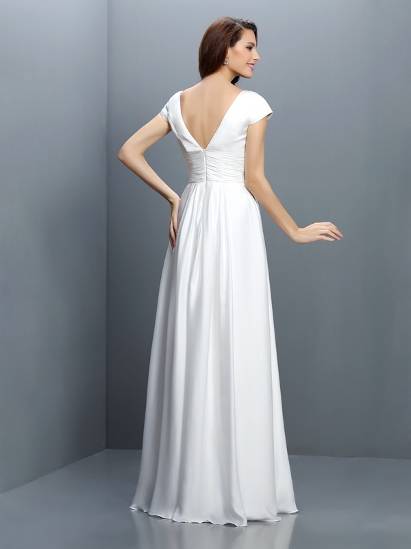 A-Line/Princess V-neck Pleats Short Sleeves Long Chiffon Bridesmaid Dresses 2800