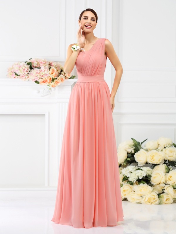 A-Line/Princess One-Shoulder Pleats Sleeveless Long Chiffon Bridesmaid Dresses 2384