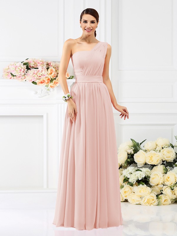 A-Line/Princess One-Shoulder Pleats Sleeveless Long Chiffon Bridesmaid Dresses 2384