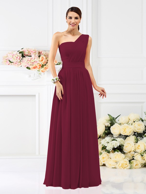 A-Line/Princess One-Shoulder Pleats Sleeveless Long Chiffon Bridesmaid Dresses 2384