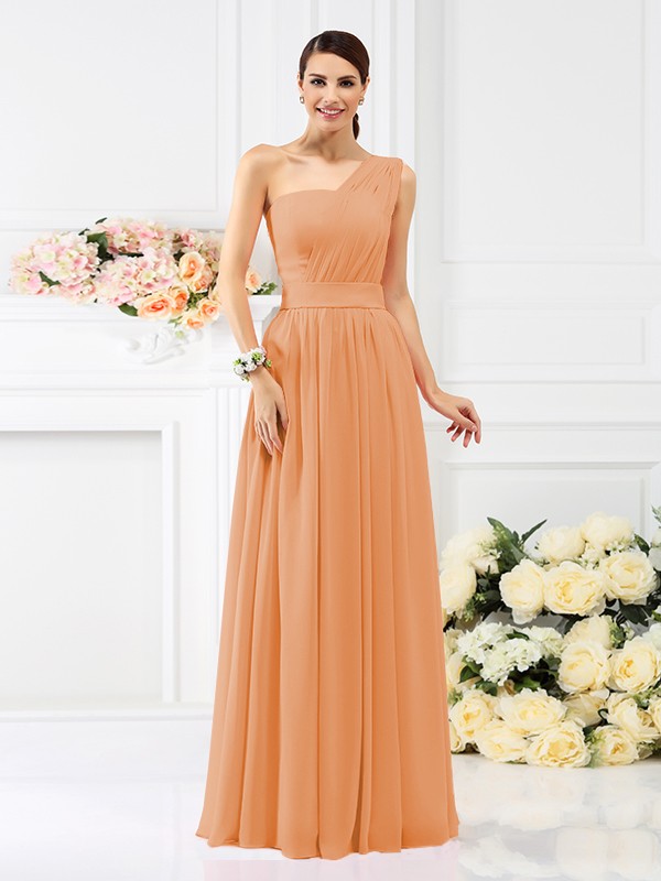 A-Line/Princess One-Shoulder Pleats Sleeveless Long Chiffon Bridesmaid Dresses 2384