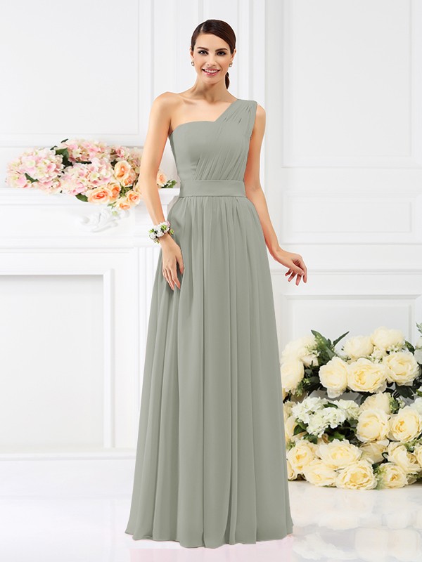 A-Line/Princess One-Shoulder Pleats Sleeveless Long Chiffon Bridesmaid Dresses 2384