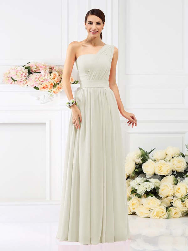 A-Line/Princess One-Shoulder Pleats Sleeveless Long Chiffon Bridesmaid Dresses 2384