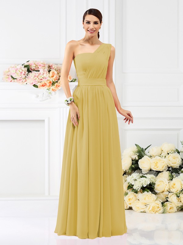 A-Line/Princess One-Shoulder Pleats Sleeveless Long Chiffon Bridesmaid Dresses 2384