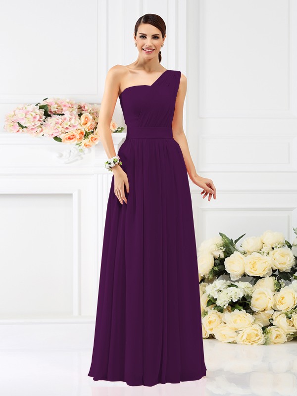 A-Line/Princess One-Shoulder Pleats Sleeveless Long Chiffon Bridesmaid Dresses 2384