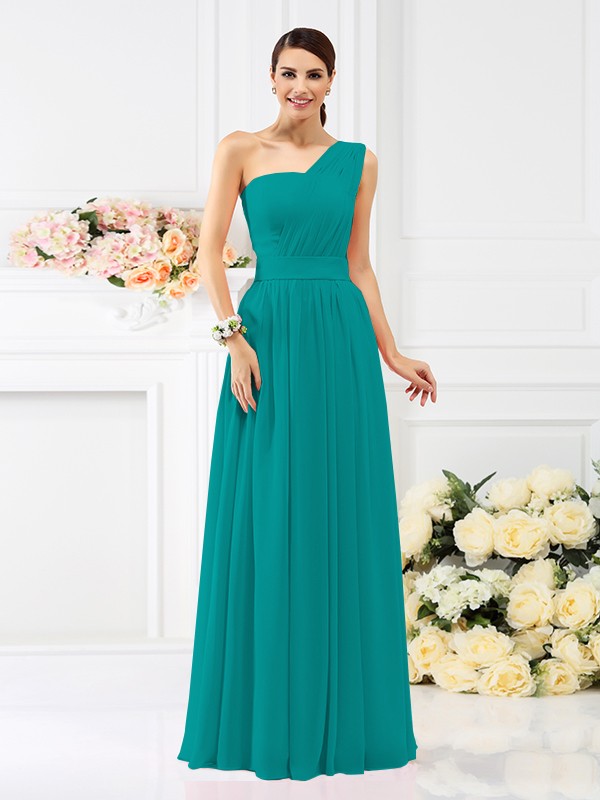 A-Line/Princess One-Shoulder Pleats Sleeveless Long Chiffon Bridesmaid Dresses 2384