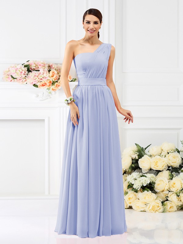 A-Line/Princess One-Shoulder Pleats Sleeveless Long Chiffon Bridesmaid Dresses 2384