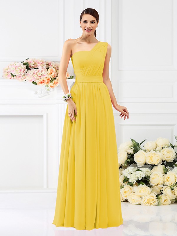 A-Line/Princess One-Shoulder Pleats Sleeveless Long Chiffon Bridesmaid Dresses 2384