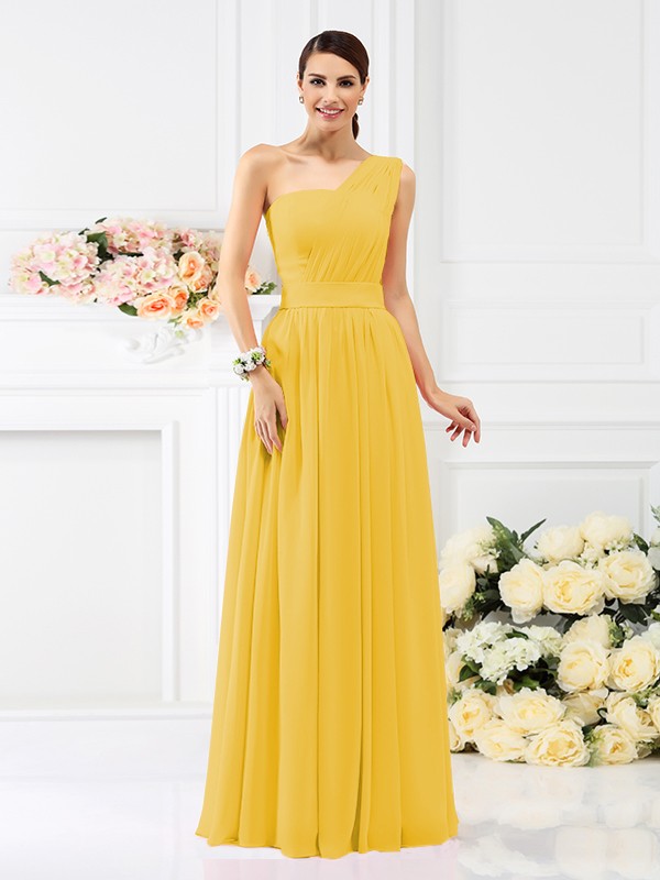 A-Line/Princess One-Shoulder Pleats Sleeveless Long Chiffon Bridesmaid Dresses 2384