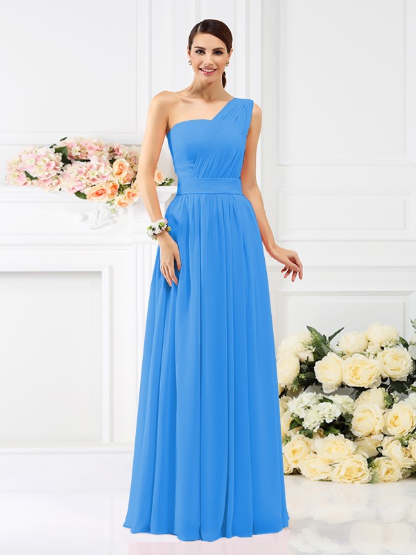 A-Line/Princess One-Shoulder Pleats Sleeveless Long Chiffon Bridesmaid Dresses 2384