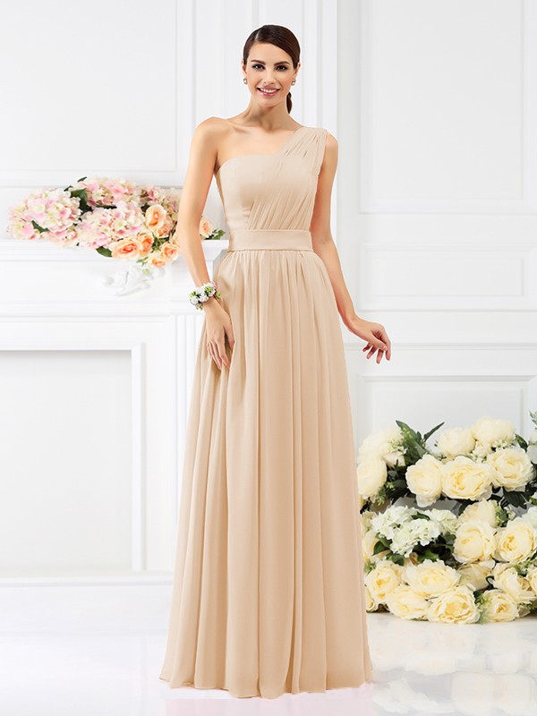 A-Line/Princess One-Shoulder Pleats Sleeveless Long Chiffon Bridesmaid Dresses 2384