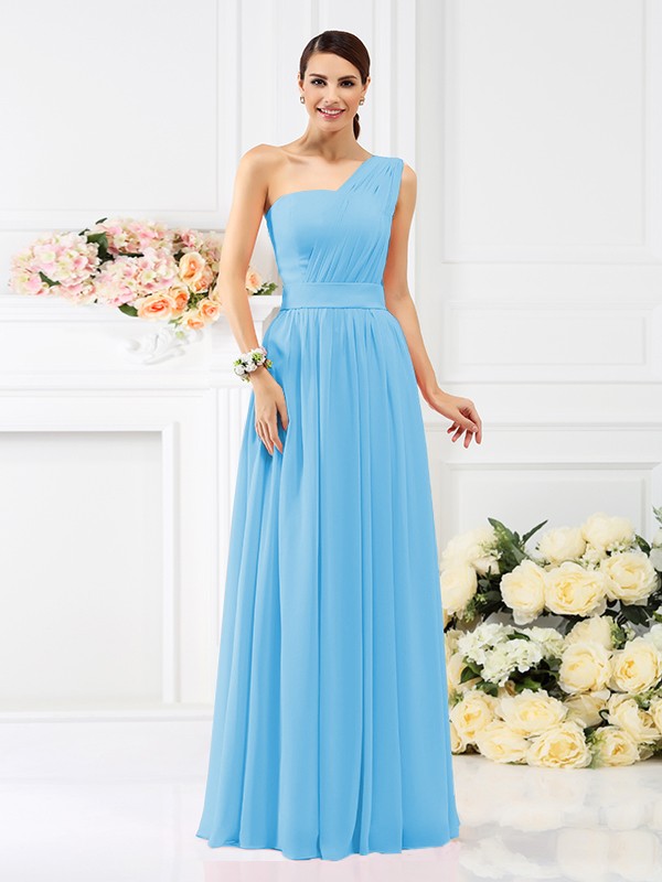 A-Line/Princess One-Shoulder Pleats Sleeveless Long Chiffon Bridesmaid Dresses 2384