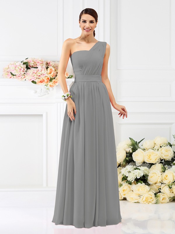 A-Line/Princess One-Shoulder Pleats Sleeveless Long Chiffon Bridesmaid Dresses 2384