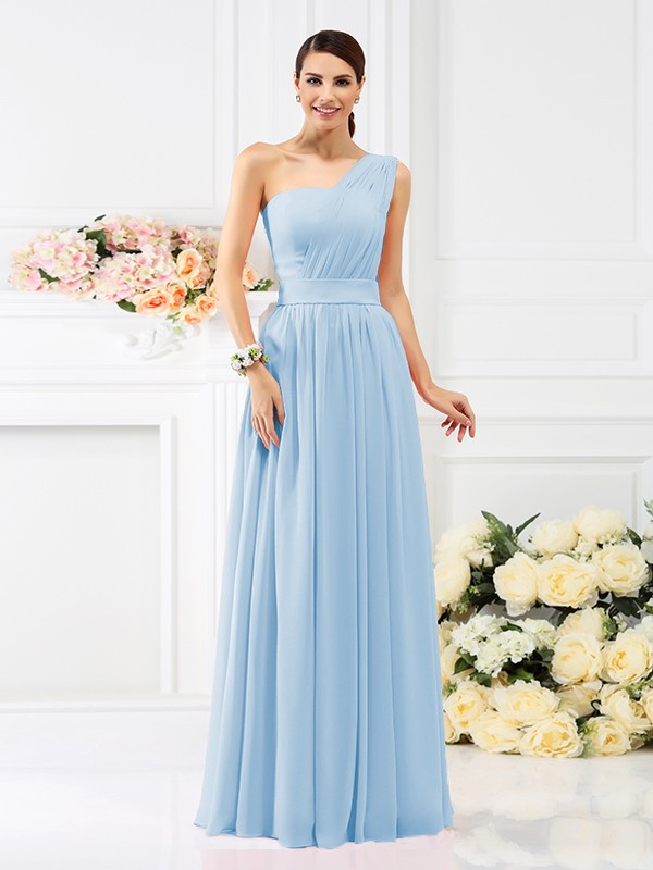 A-Line/Princess One-Shoulder Pleats Sleeveless Long Chiffon Bridesmaid Dresses 2384