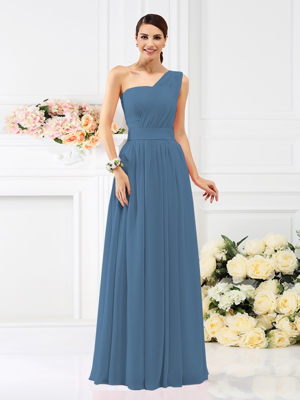 A-Line/Princess One-Shoulder Pleats Sleeveless Long Chiffon Bridesmaid Dresses 2384