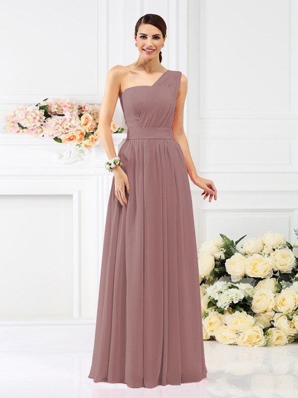 A-Line/Princess One-Shoulder Pleats Sleeveless Long Chiffon Bridesmaid Dresses 2384