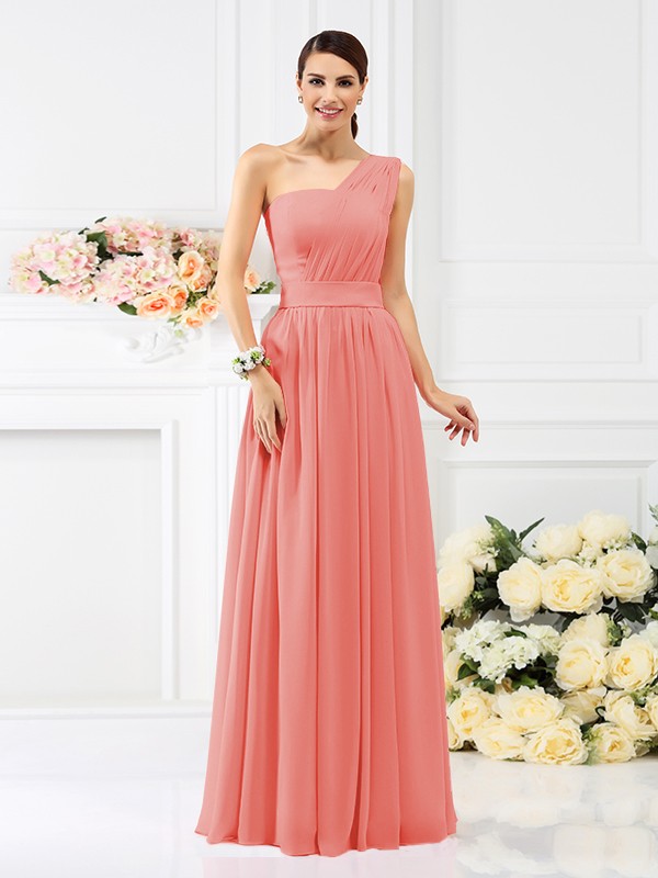 A-Line/Princess One-Shoulder Pleats Sleeveless Long Chiffon Bridesmaid Dresses 2384