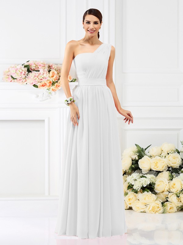 A-Line/Princess One-Shoulder Pleats Sleeveless Long Chiffon Bridesmaid Dresses 2384