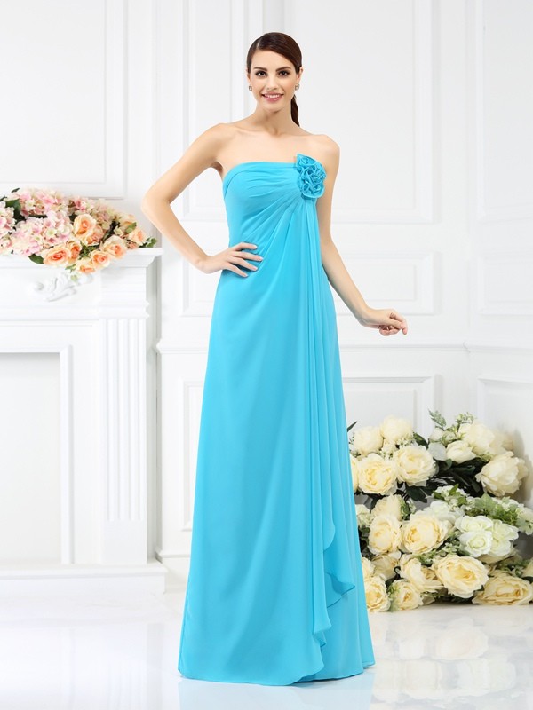 A-Line/Princess Strapless Hand-Made Flower Sleeveless Long Chiffon Bridesmaid Dresses 2567