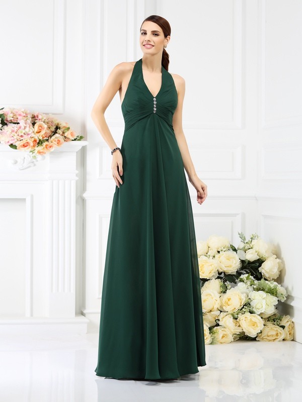 A-Line/Princess Halter Beading Sleeveless Long Chiffon Bridesmaid Dresses 2264