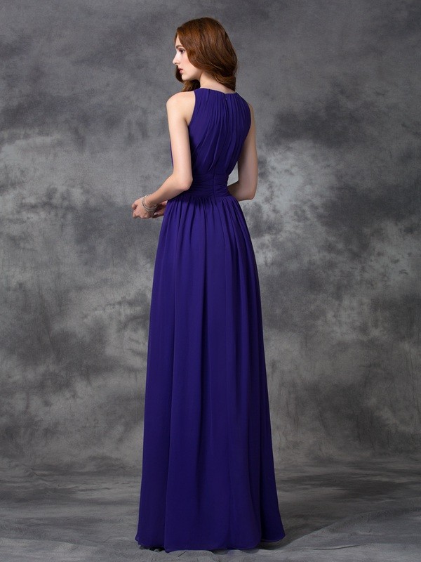 A-line/Princess Jewel Ruched Sleeveless Long Chiffon Bridesmaid Dresses 2333