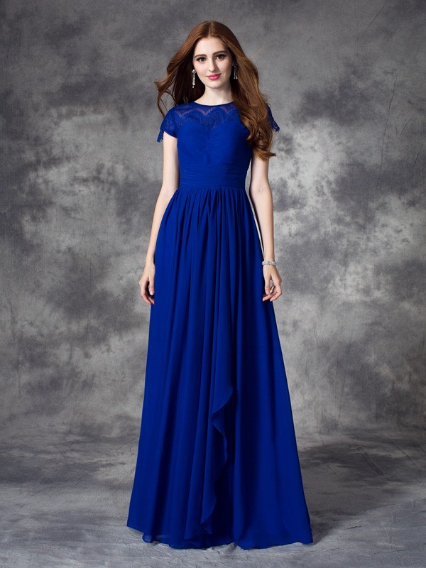 A-line/Princess Bateau Lace Sleeveless Long Chiffon Bridesmaid Dresses 2099