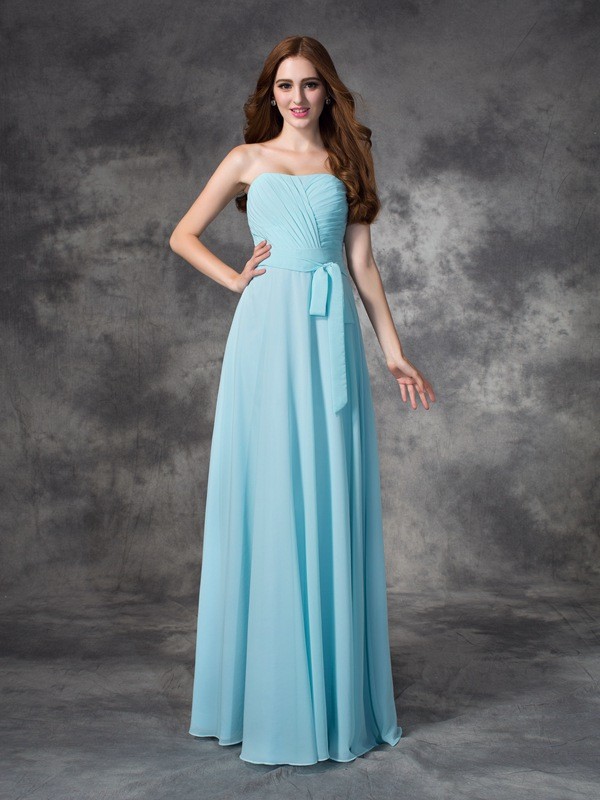 A-line/Princess Strapless Ruched Sleeveless Long Chiffon Bridesmaid Dresses 2582