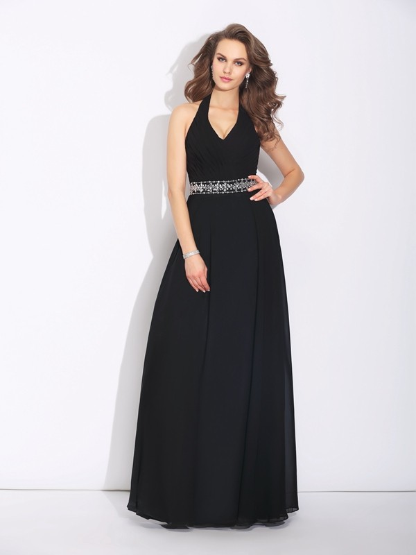 A-Line/Princess Halter Beading Sleeveless Long Chiffon Bridesmaid Dresses 2265