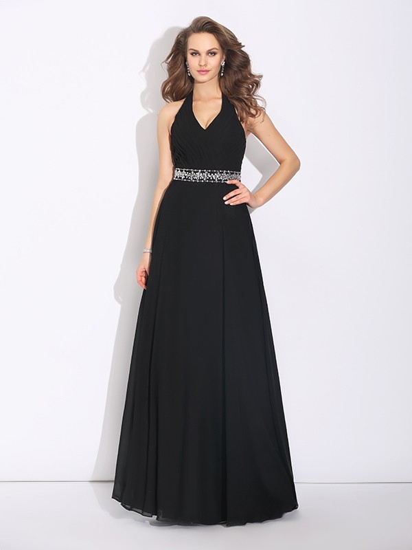 A-Line/Princess Halter Beading Sleeveless Long Chiffon Bridesmaid Dresses 2265