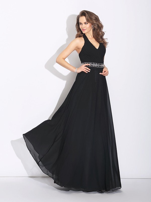 A-Line/Princess Halter Beading Sleeveless Long Chiffon Bridesmaid Dresses 2265