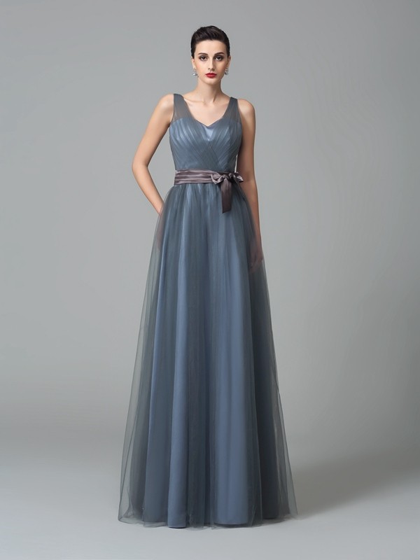 A-Line/Princess Straps Sash/Ribbon/Belt Sleeveless Long Net Bridesmaid Dresses 2644