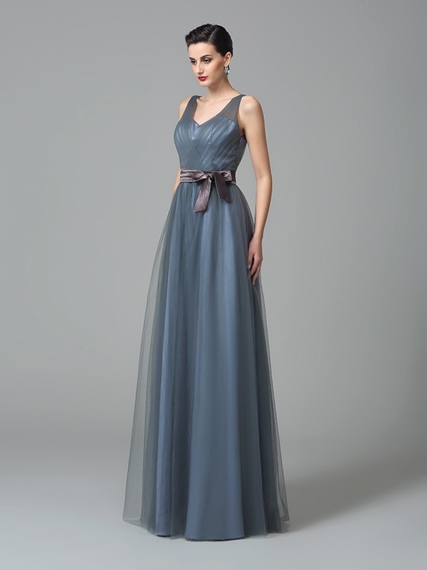 A-Line/Princess Straps Sash/Ribbon/Belt Sleeveless Long Net Bridesmaid Dresses 2644