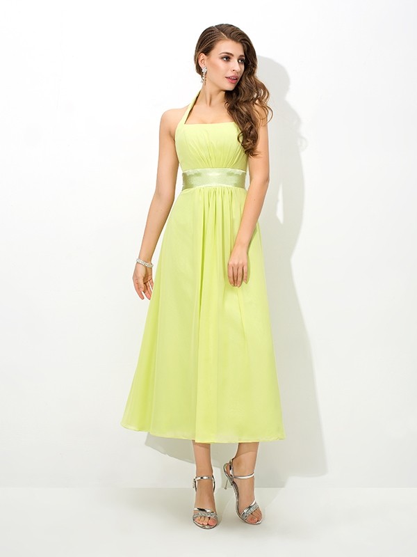 A-Line/Princess Halter Pleats Sleeveless Long Chiffon Bridesmaid Dresses 2275