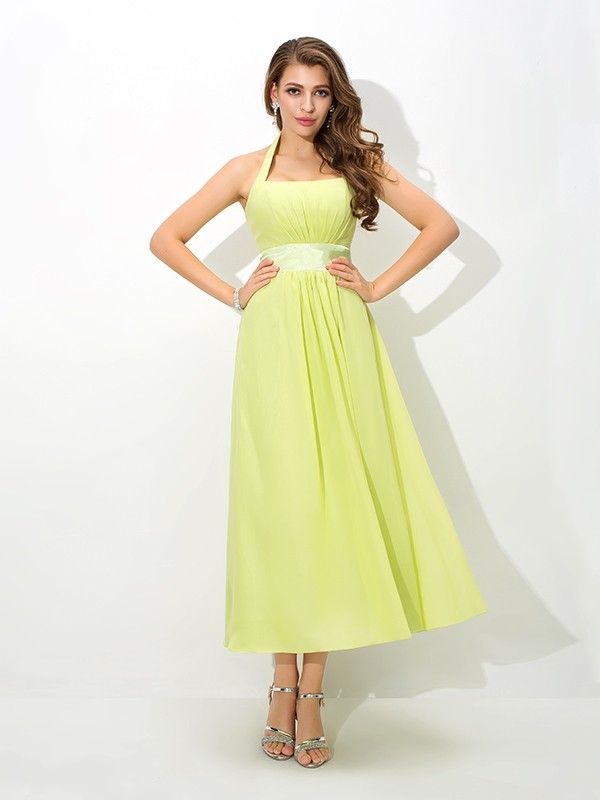 A-Line/Princess Halter Pleats Sleeveless Long Chiffon Bridesmaid Dresses 2275