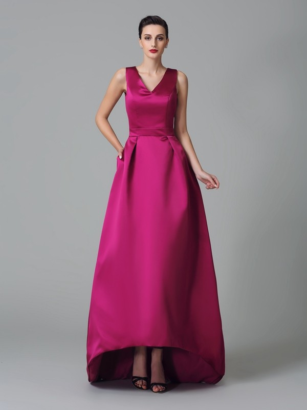 A-Line/Princess Straps Ruched Sleeveless High Low Satin Bridesmaid Dresses 2635