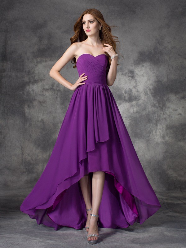 A-line/Princess Sweetheart Ruffles Sleeveless High Low Chiffon Bridesmaid Dresses 2710