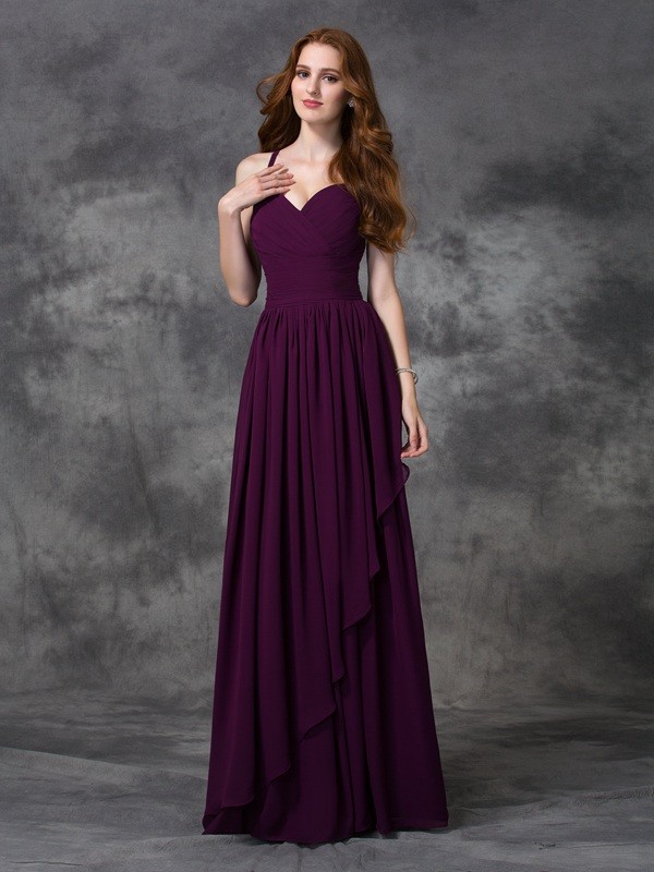 A-line/Princess Spaghetti Straps Sleeveless Long Ruffles Chiffon Bridesmaid Dresses 2552