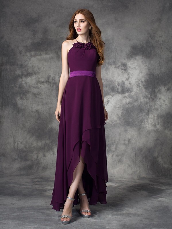 A-line/Princess Halter Ruffles Sleeveless High Low Chiffon Bridesmaid Dresses 2278